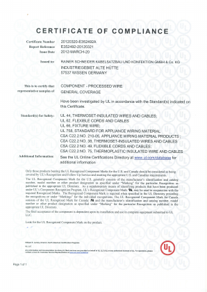 UL Certificate of Compliance — Processed Wire — Vorschau