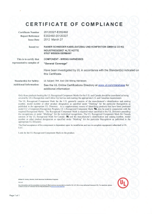 UL Certificate of Compliance — Wiring Harnesses — Vorschau