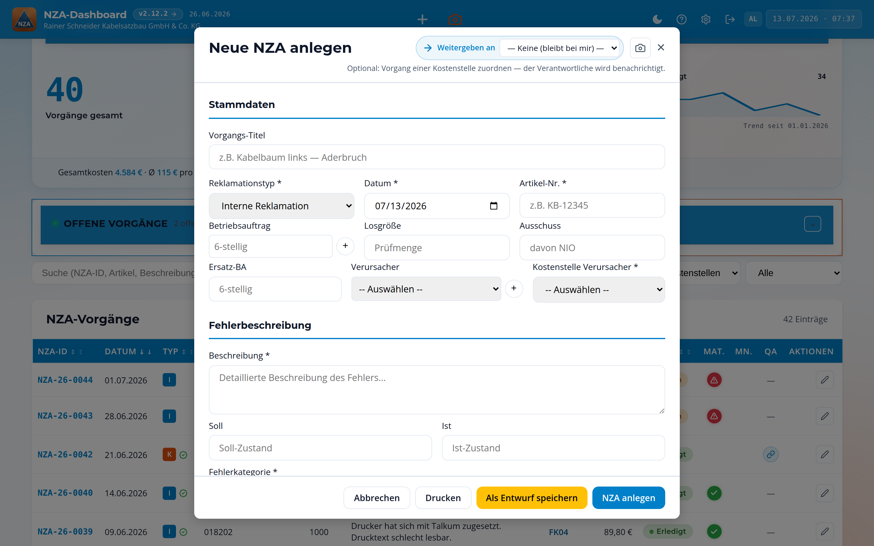 Neue NZA anlegen